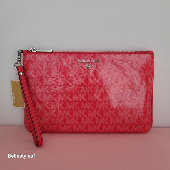 MICHAEL KORS Signature Logo Jet Set Large Top Zip Pouch/Wristlet- Geranium - Picture 1 of 16